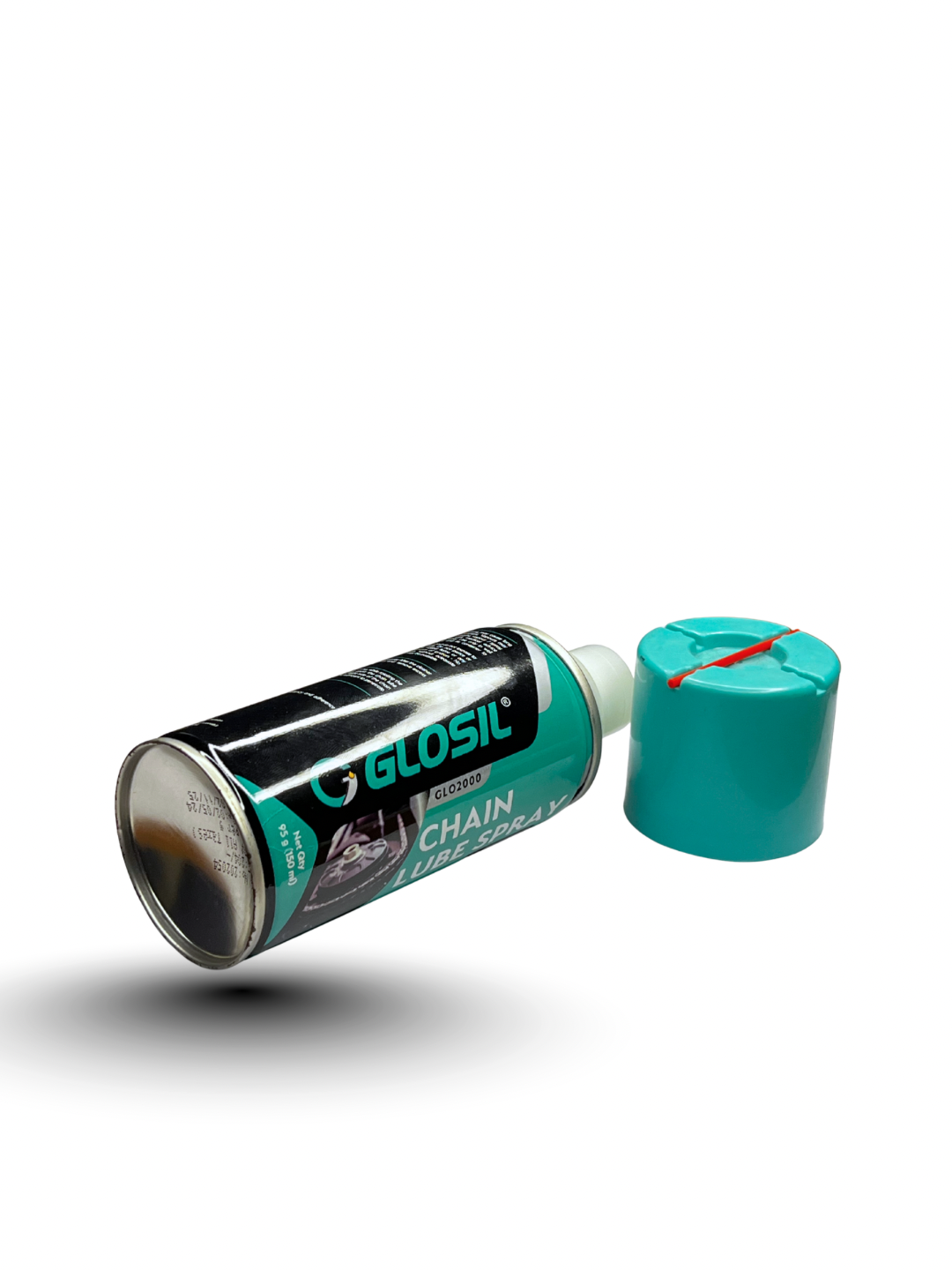 Glosil chain lube can with teal cap on a white background. GREEN BOTTLE BLUE BOTTLE