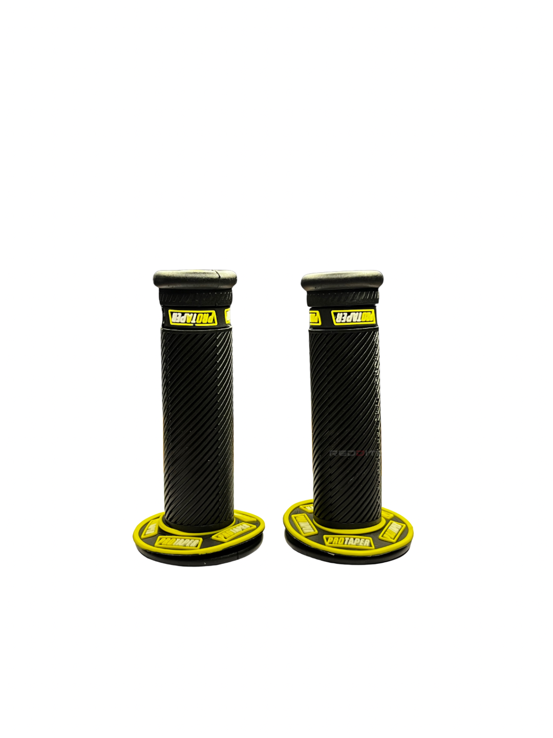 Pair of black motorcycle grips with yellow branding on a white background