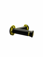 Black motorcycle grips with yellow accents on a white background