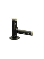 Pair of black motorcycle grips with a brand logo on a white background