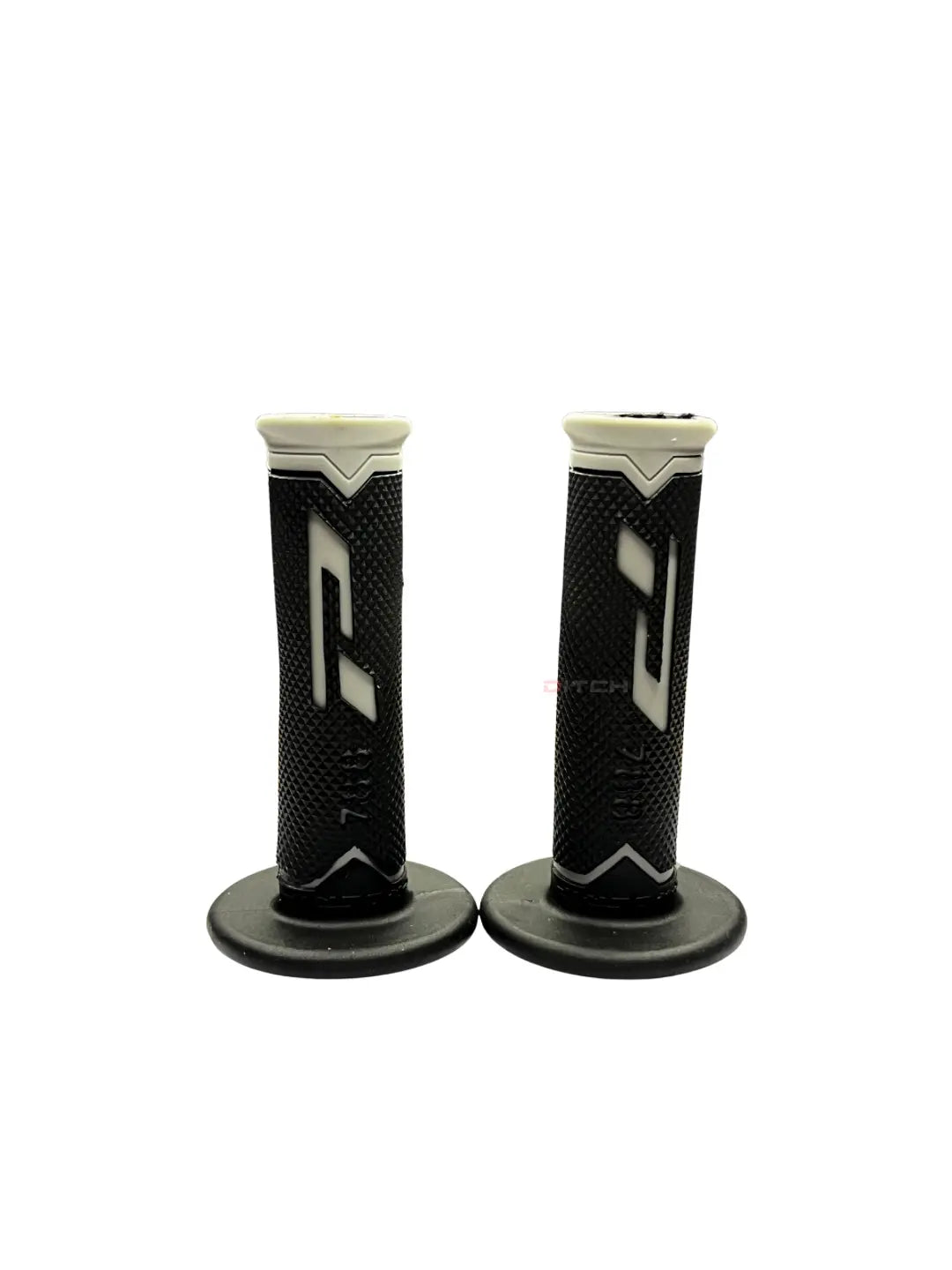 Pair of black motorcycle grips with white accents on a white background