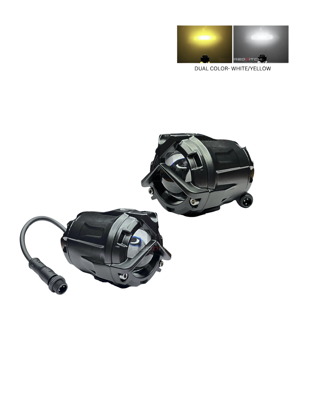 Two black LED lights with a dual color option on a white background