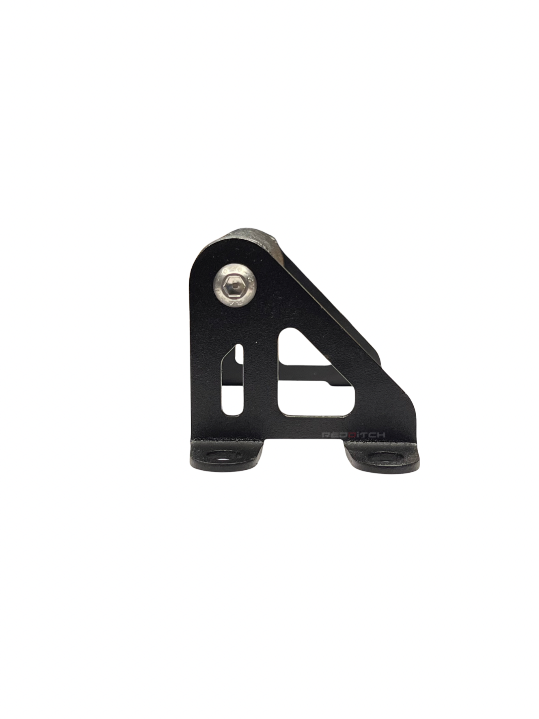 Black metal bracket with a silver screw on a white background