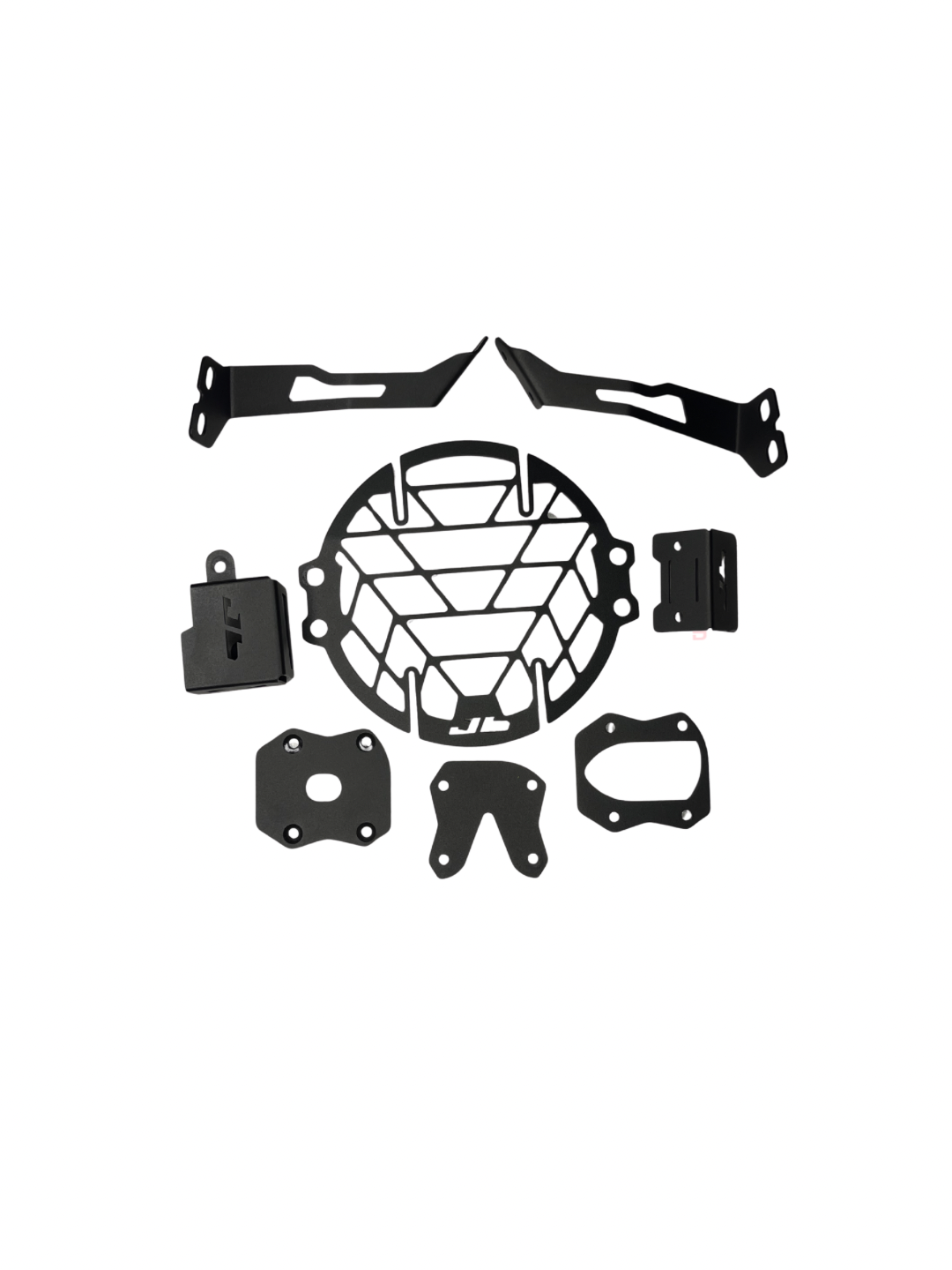 Set of black car suspension components on a white background