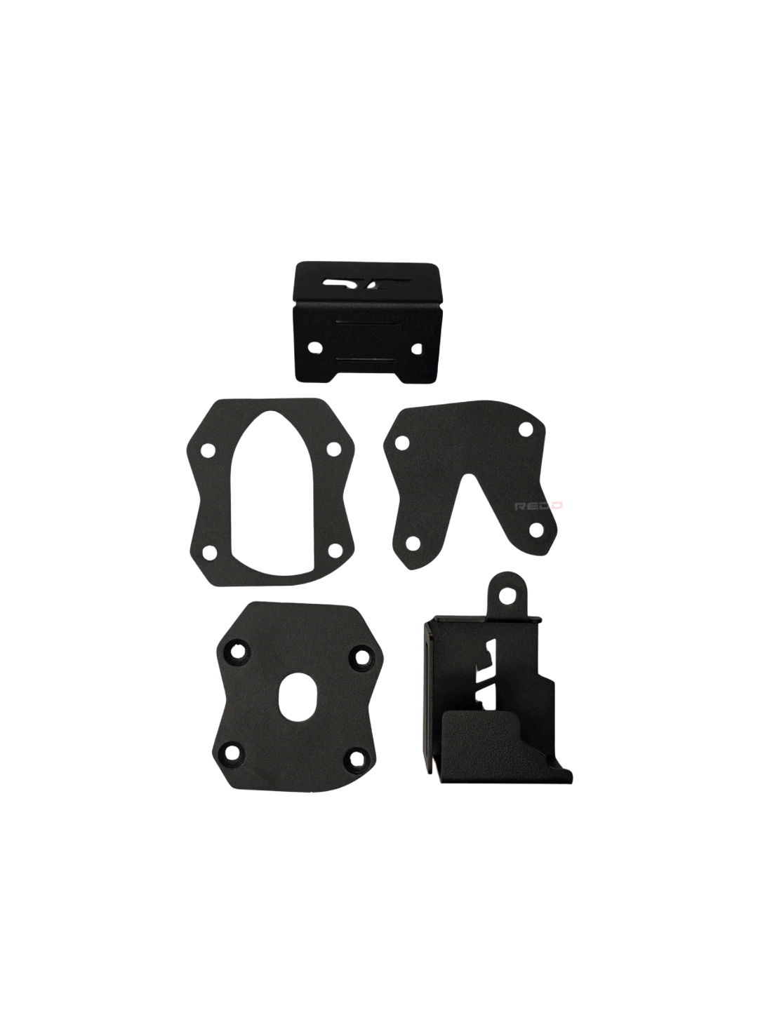 Set of black metal brackets on a white background