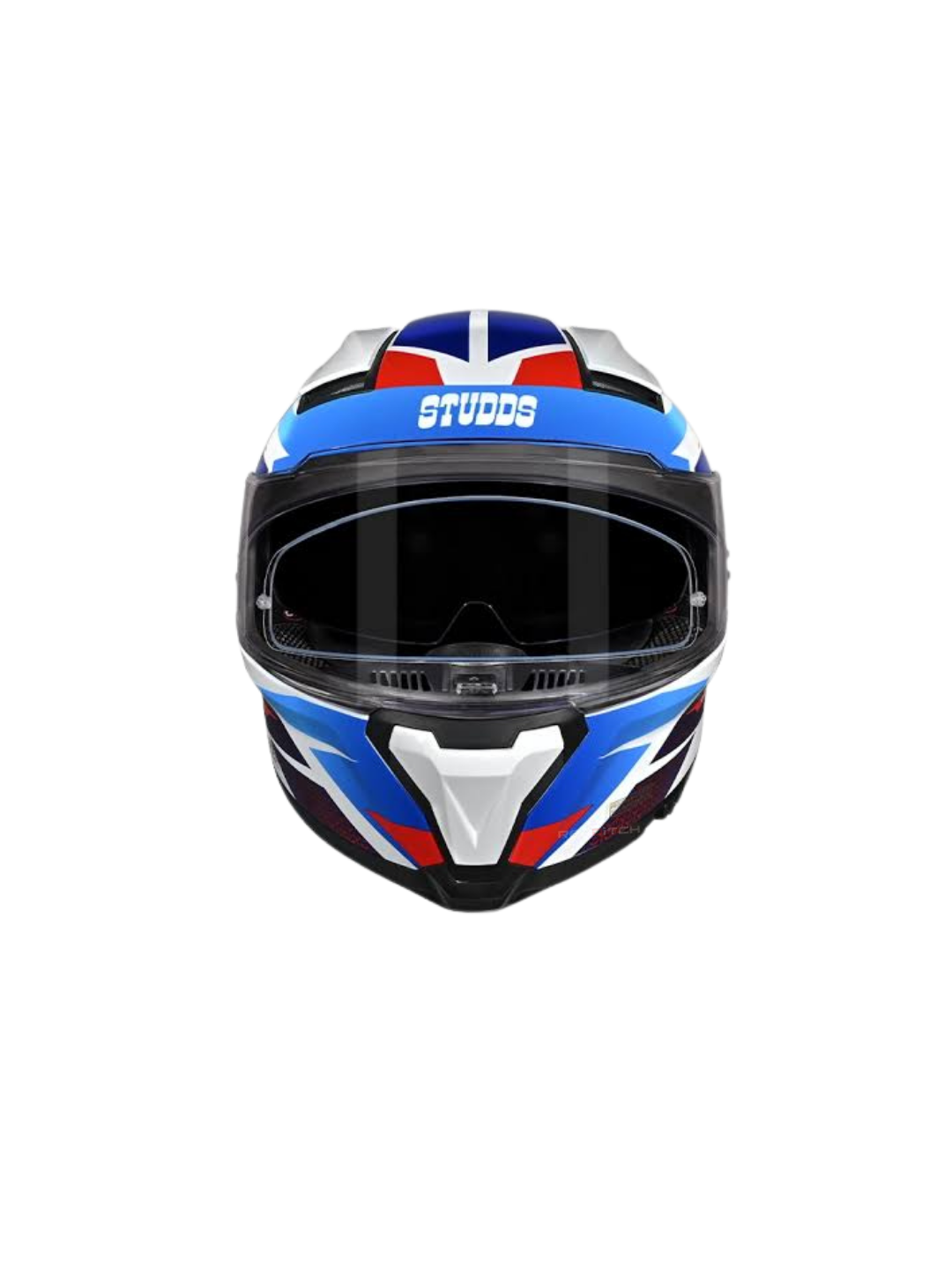 Motorcycle helmet with a Union Jack design and 'Studds' branding on a white background