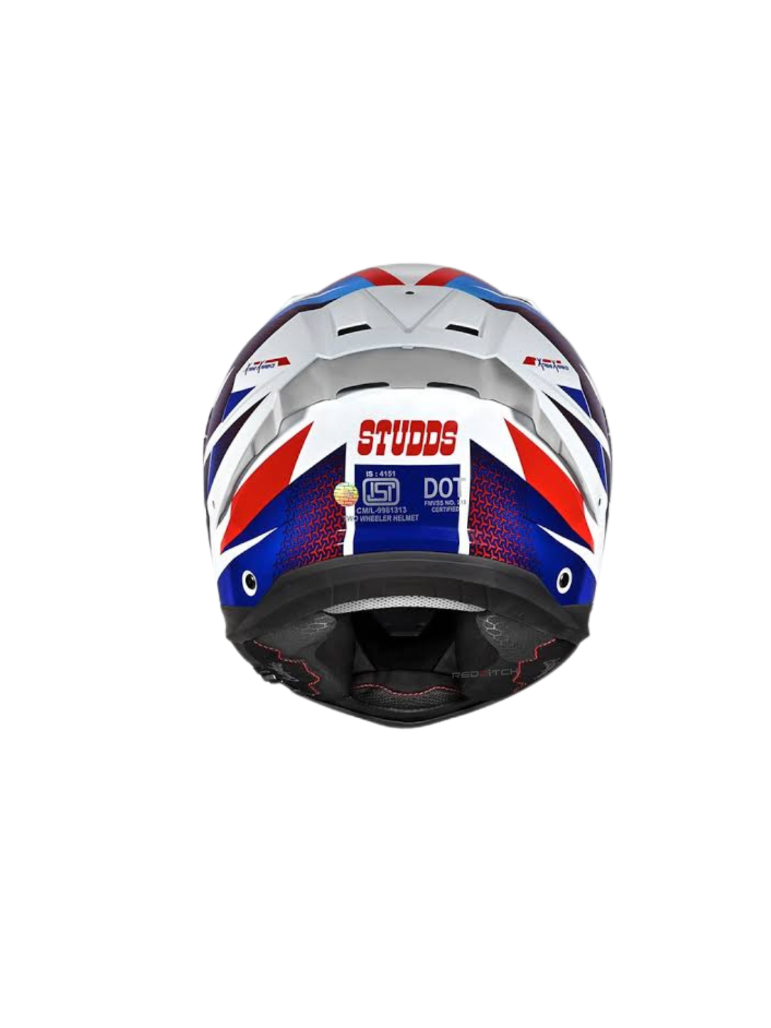 Colorful motorcycle helmet with 'Studds' branding on a white background