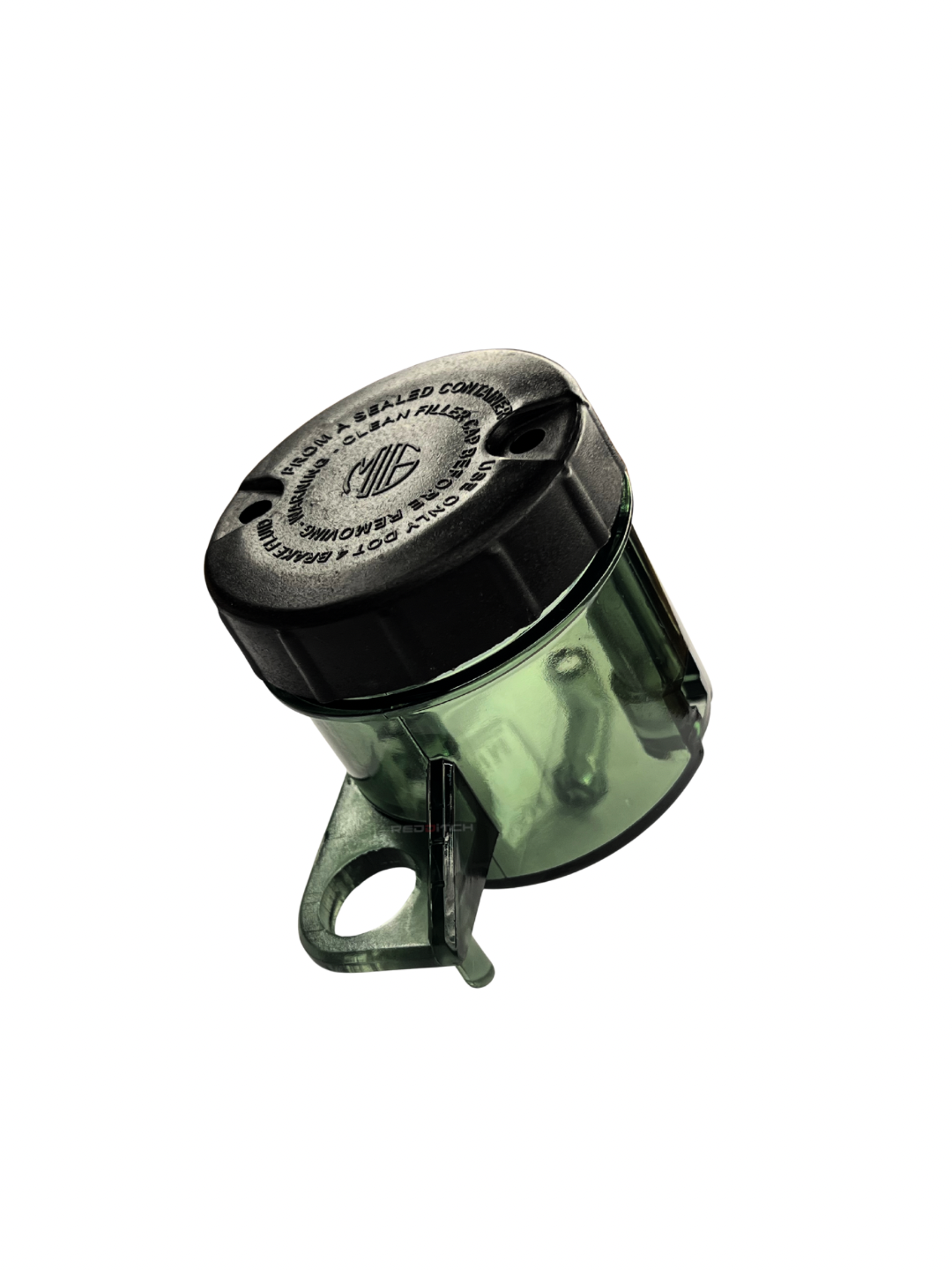 Black and green mechanical component on a white background