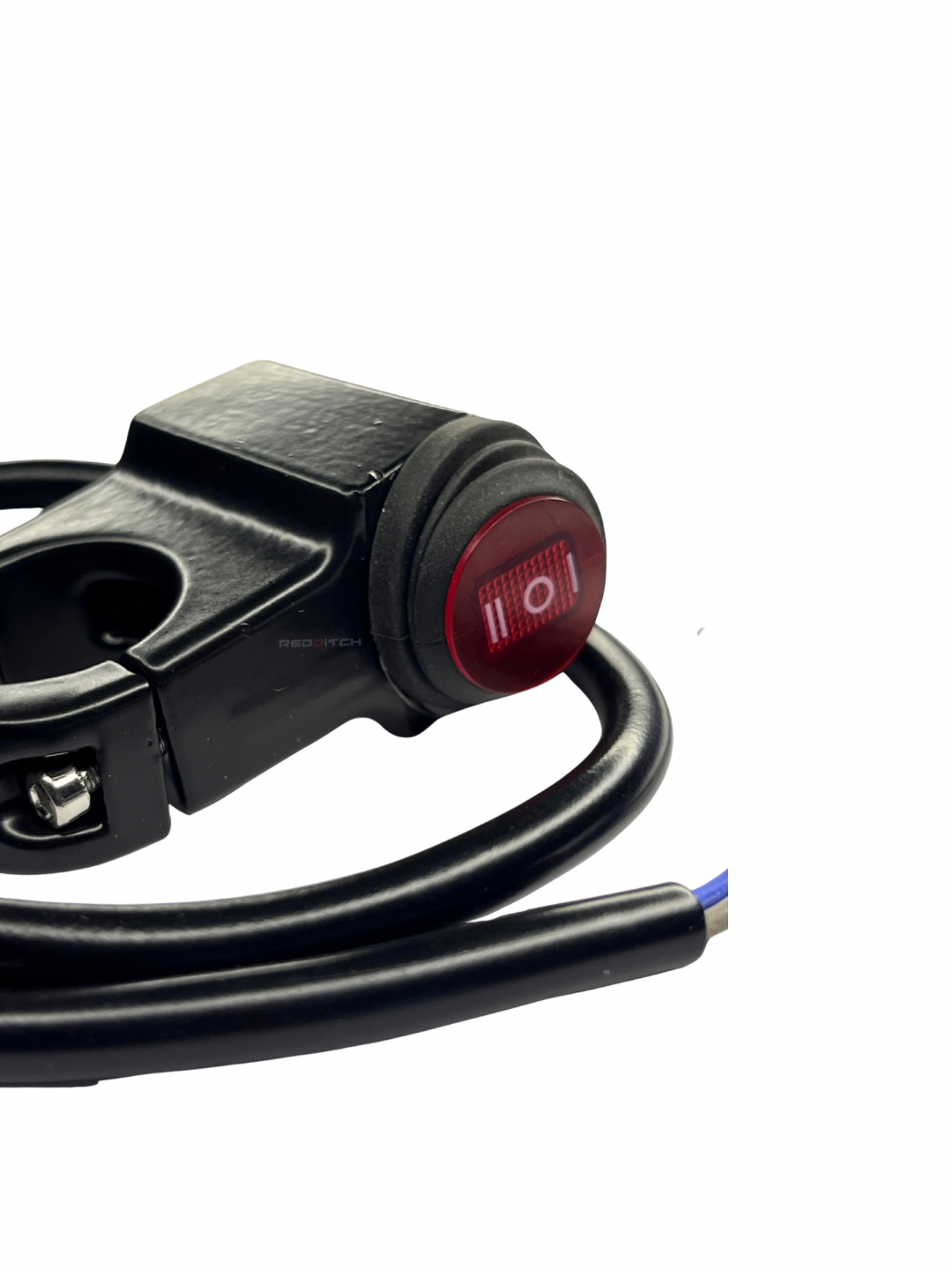 Black motorcycle handlebar switch with red indicator light on a white background