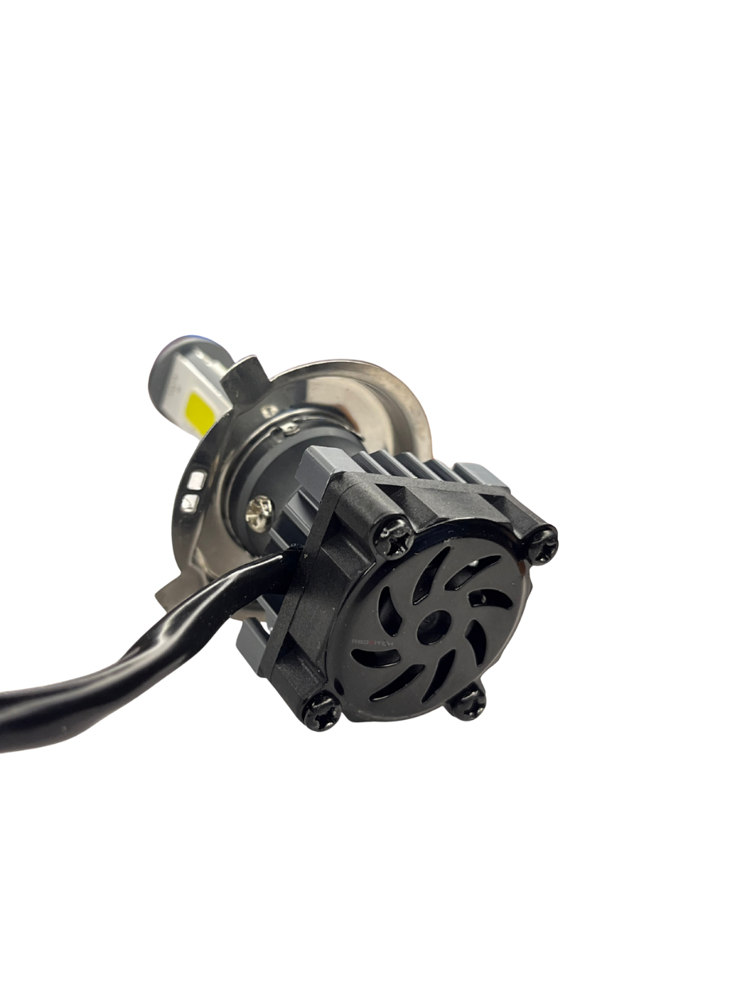 Car headlight bulb housing with wiring on a white background