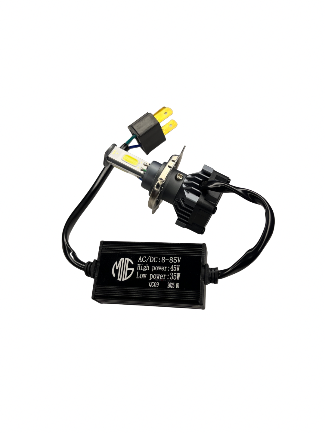 Car headlight bulb and adapter on a white background