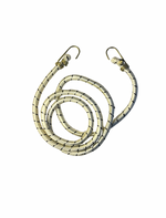 Coiled bungee cord with metal hooks on a white background