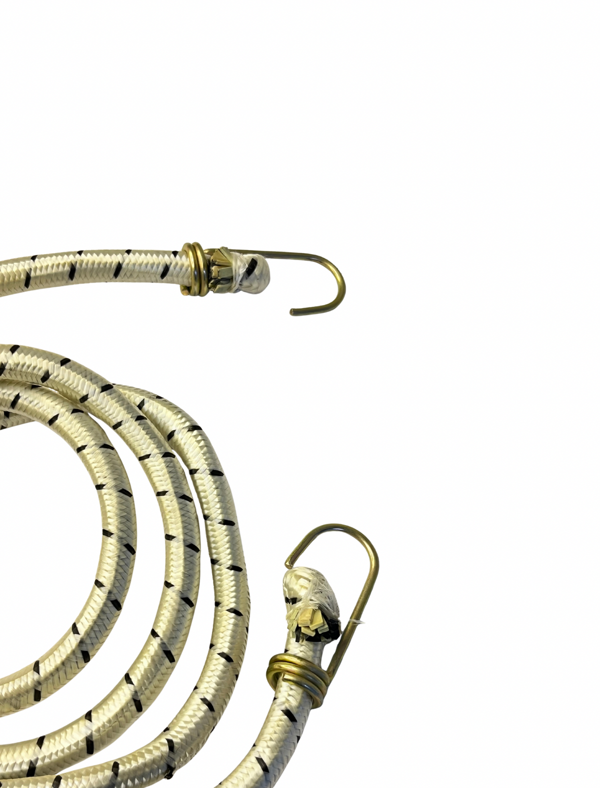 Coiled rope with metal hooks on a white background