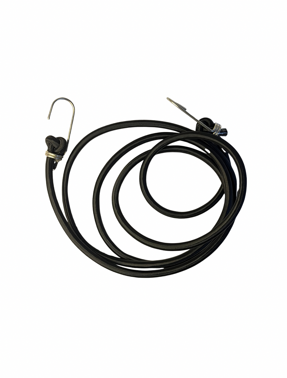 Coiled black cable with metal hooks on a white background