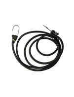 Coiled black cable with metal hooks on a white background