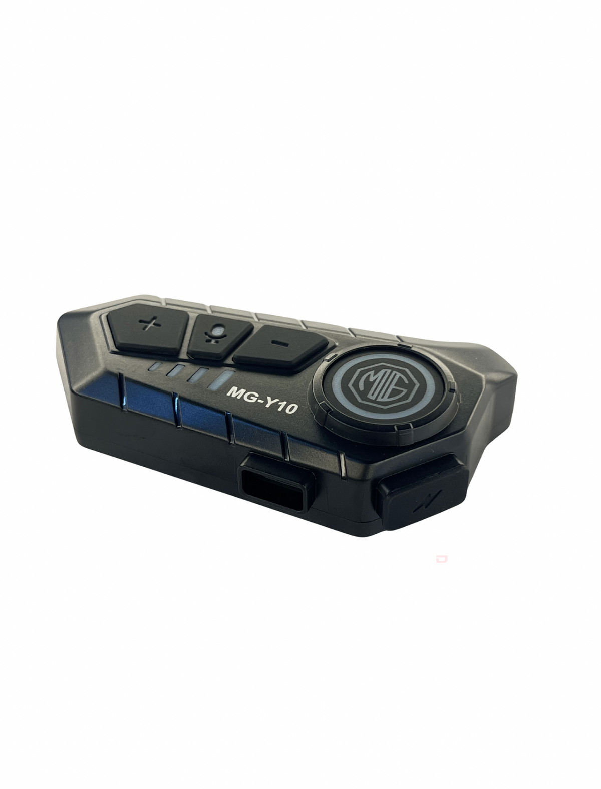 Motorcycle intercom device with MG-Y10 branding on a white background