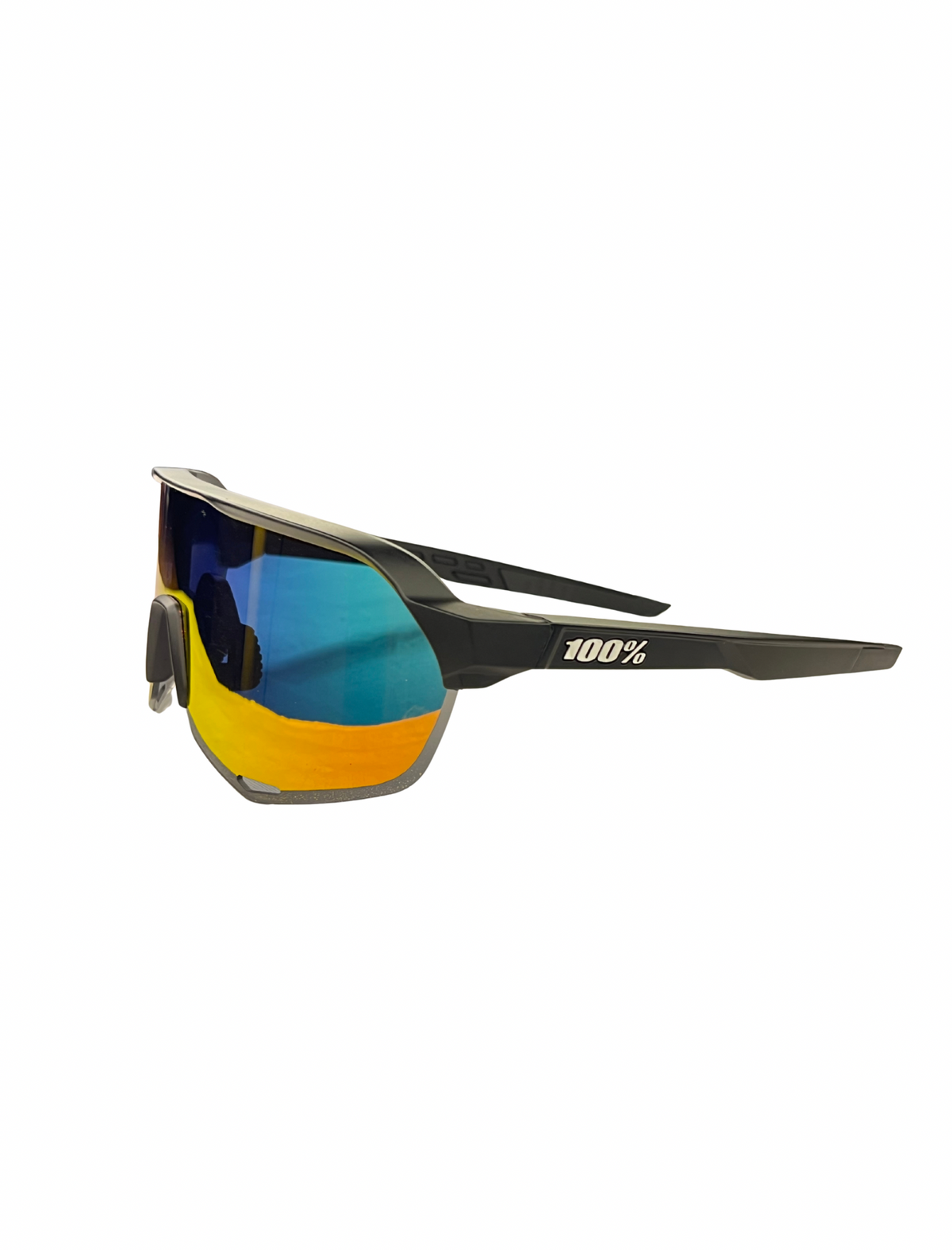 Sunglasses with reflective blue lens on a white background
