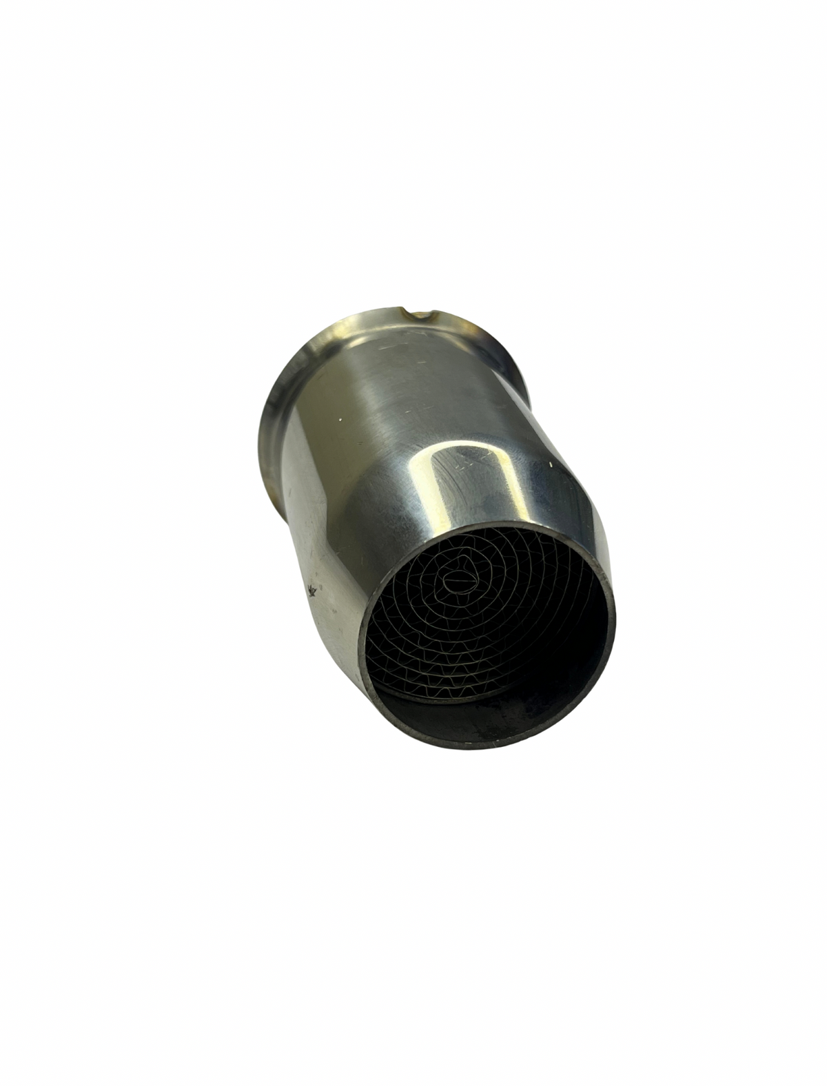 Metallic cylindrical object with a textured surface on a white background