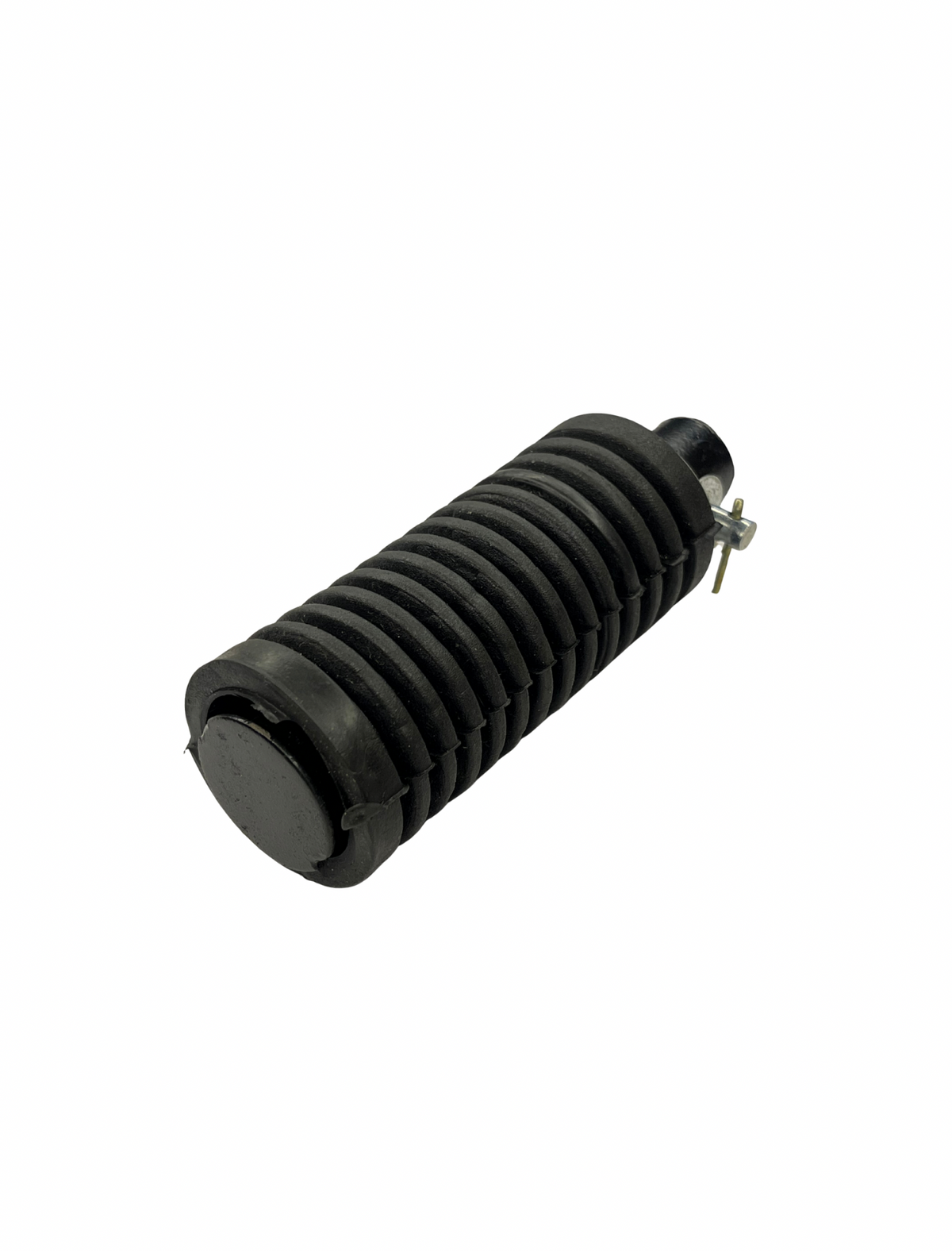 Black cylindrical object with ribbed texture on a white background