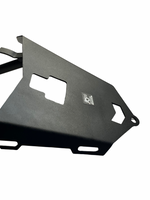 Black metal bracket with a logo on a white background