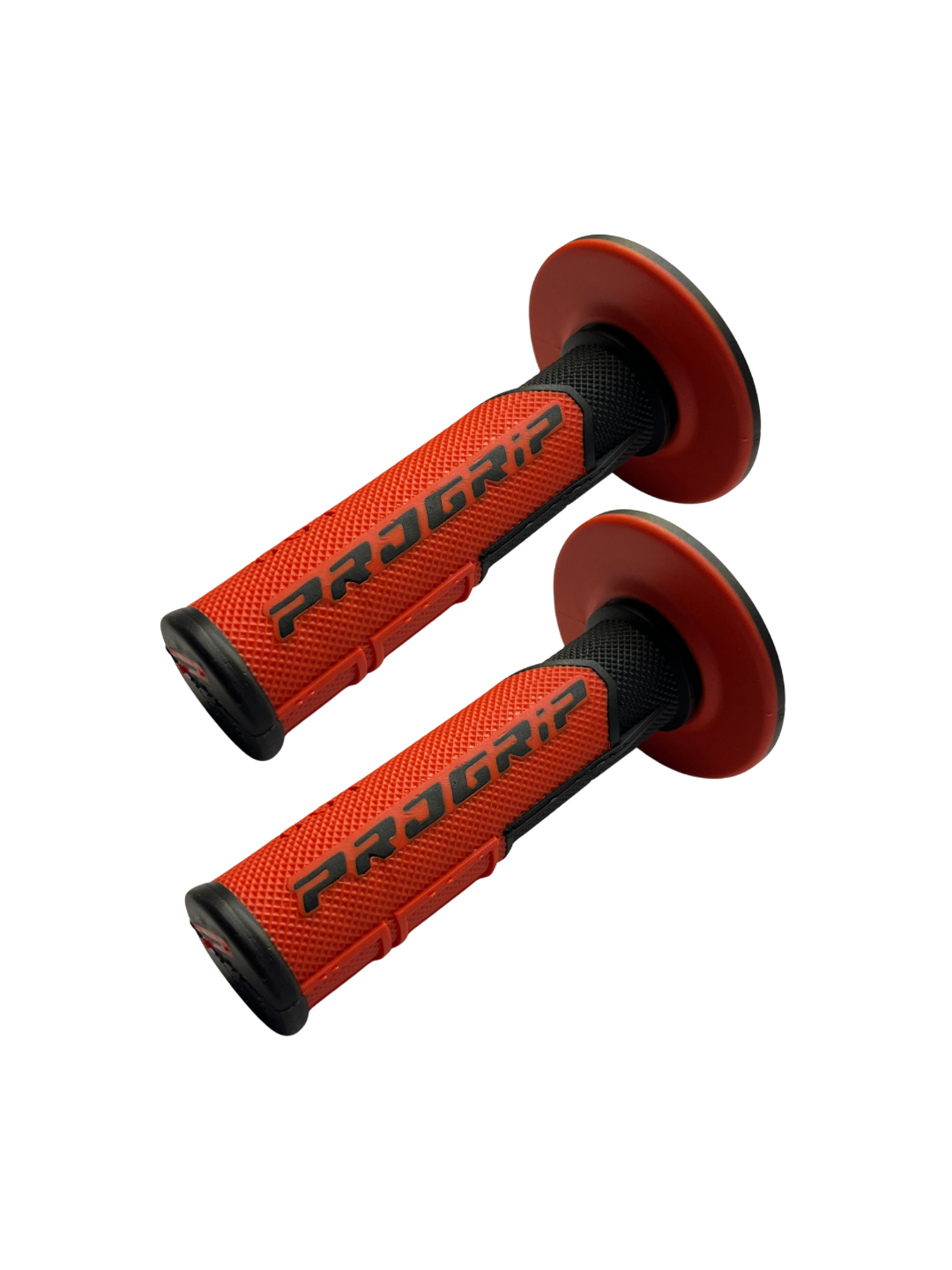 Pair of orange Progrip motorcycle grips on a white background