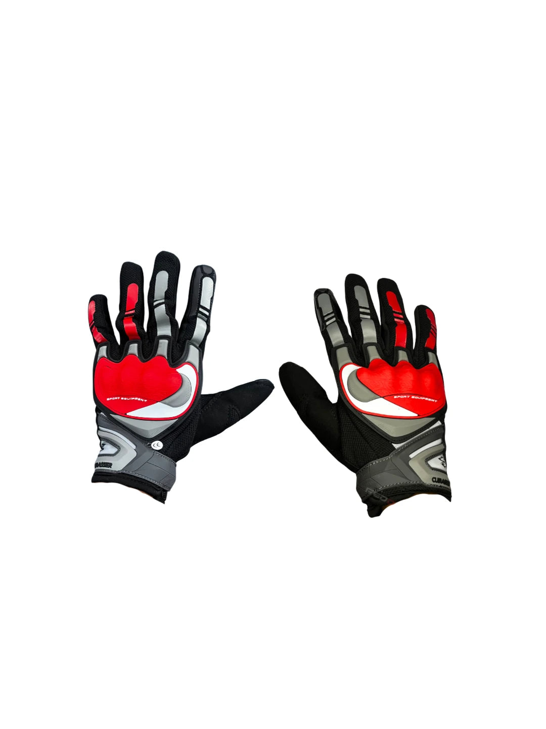 Pair of black, red, and gray gloves on a white background