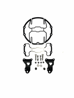 Black mechanical parts and hardware on a white background