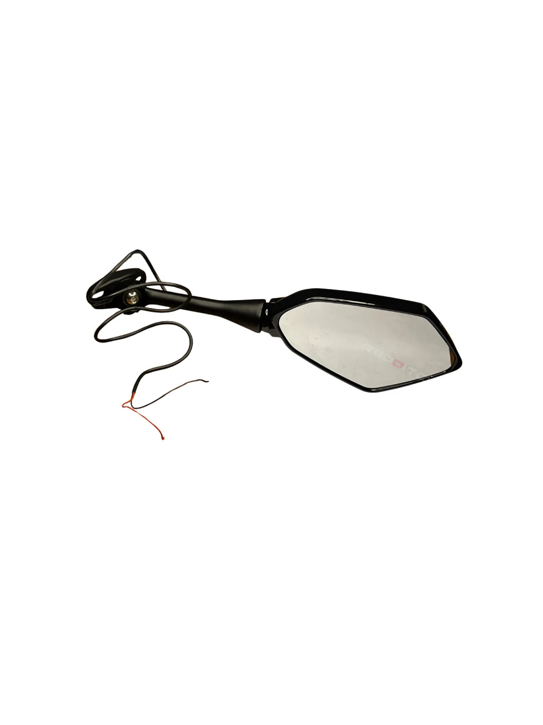 Motorcycle mirror with a black frame and reflective surface on a white background