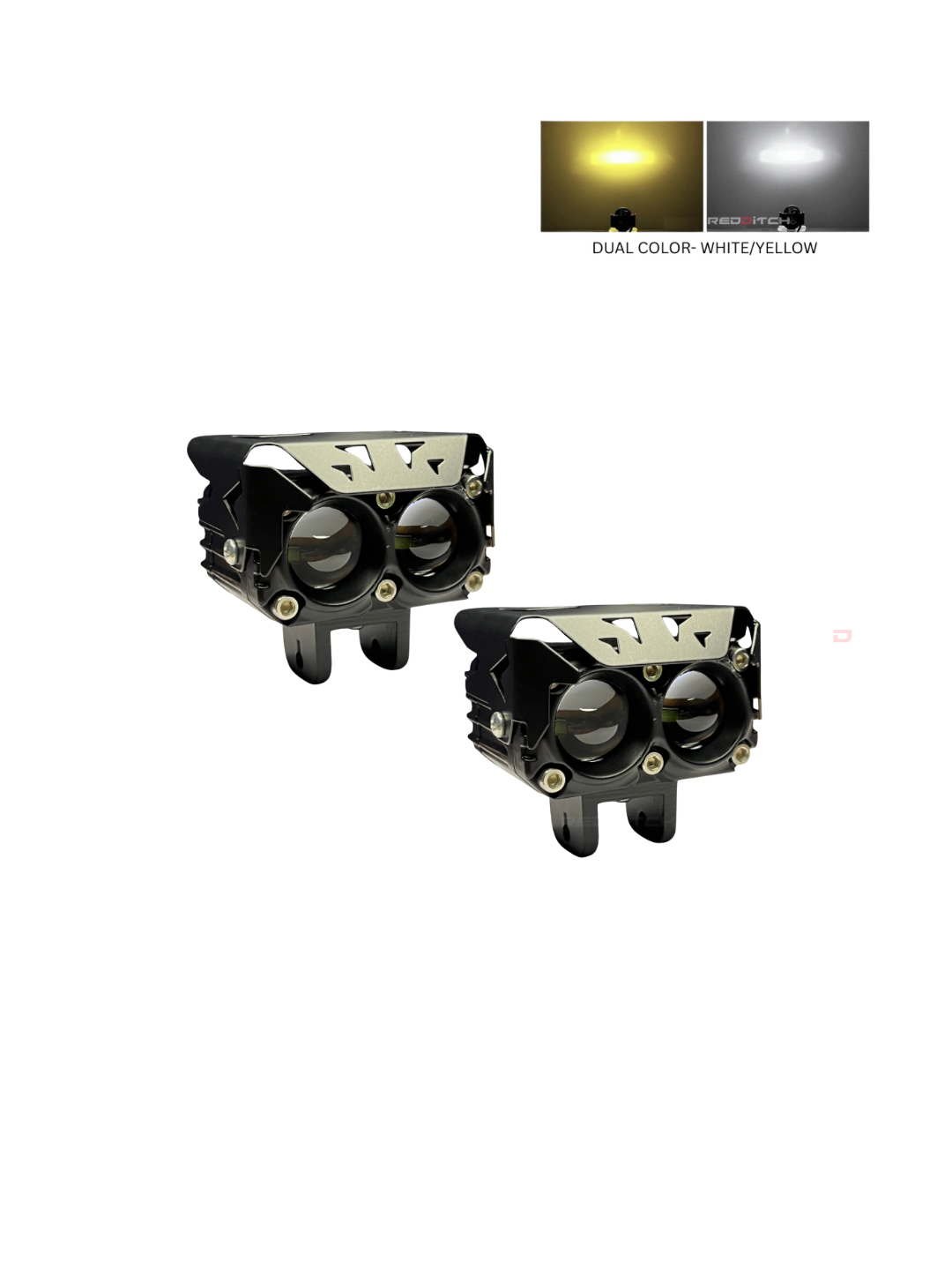 Two black LED lights with dual color options on a white background