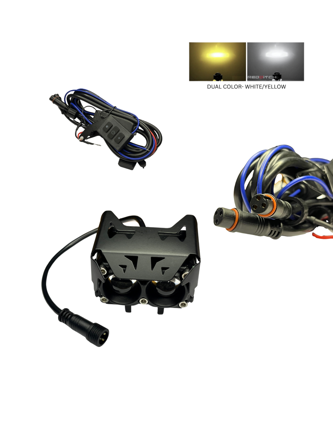 Car fog light kit with wiring harnesses on a white background