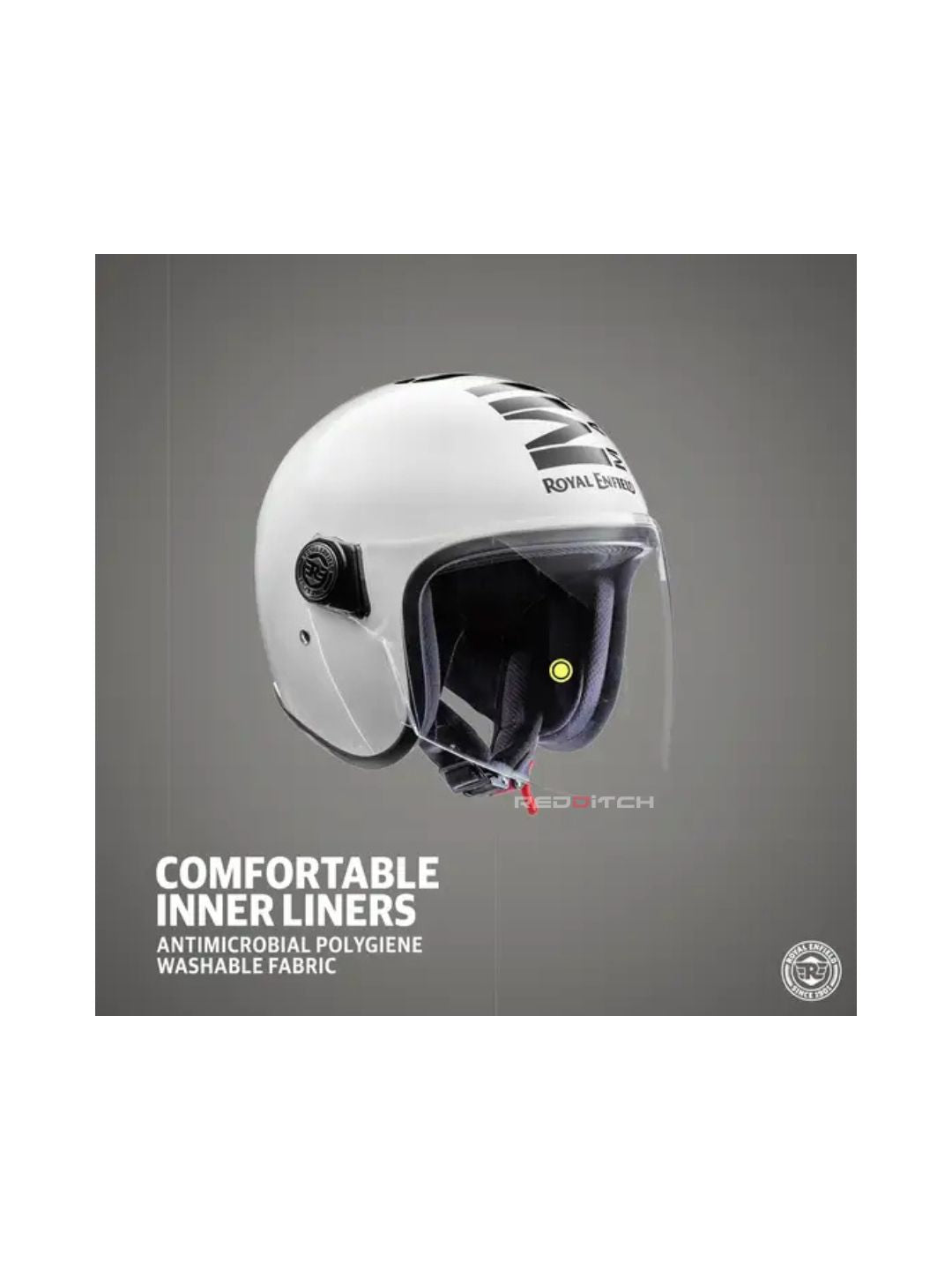 The Royal Enfield MLG Copter Face Long Visor Helmet in Gloss White offers a stylish and protective design. Featuring a long visor for enhanced visibility and wind protection, it ensures a comfortable riding experience with a premium finish.