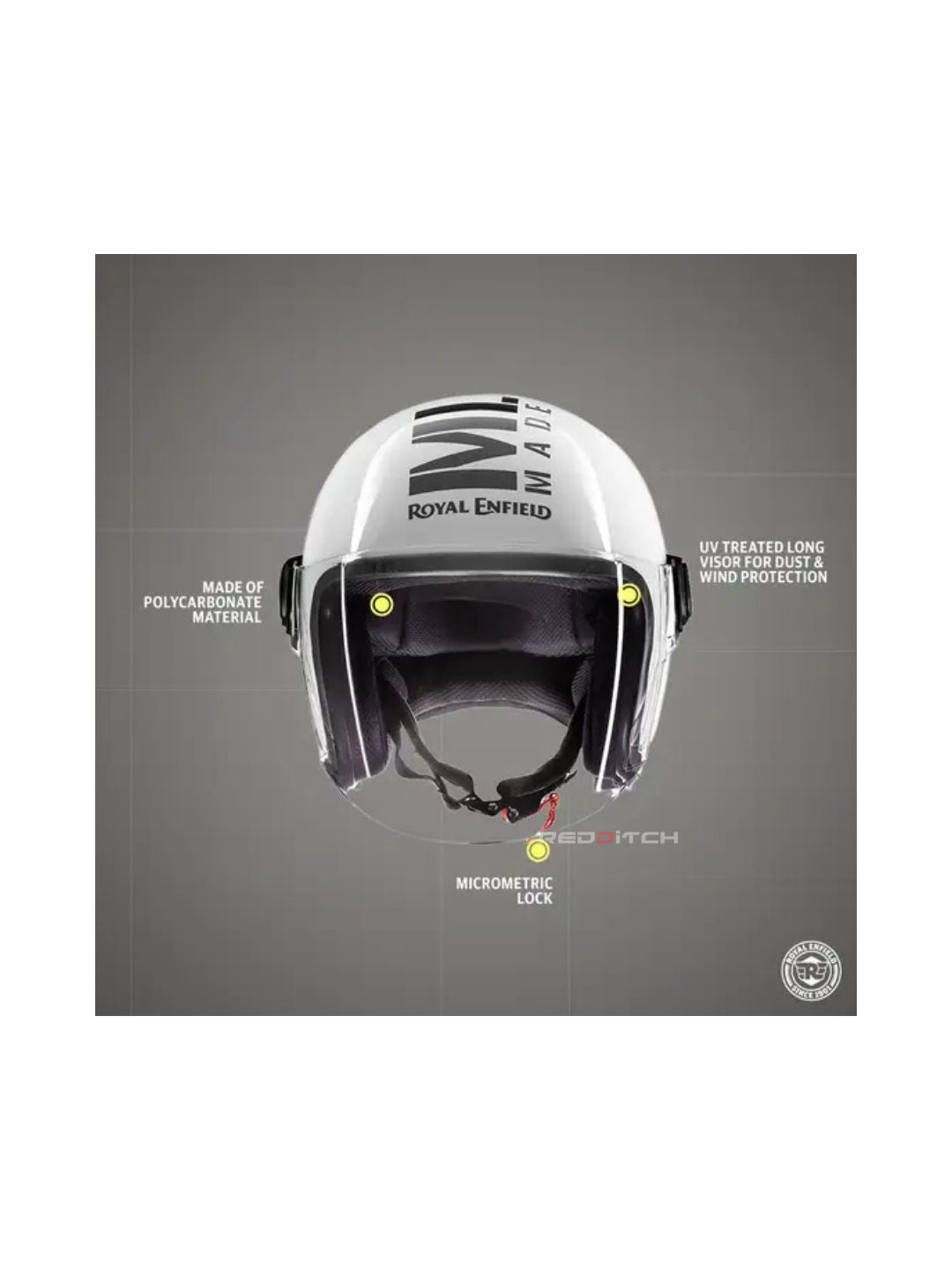 The Royal Enfield MLG Copter Face Long Visor Helmet in Gloss White offers a stylish and protective design. Featuring a long visor for enhanced visibility and wind protection, it ensures a comfortable riding experience with a premium finish.