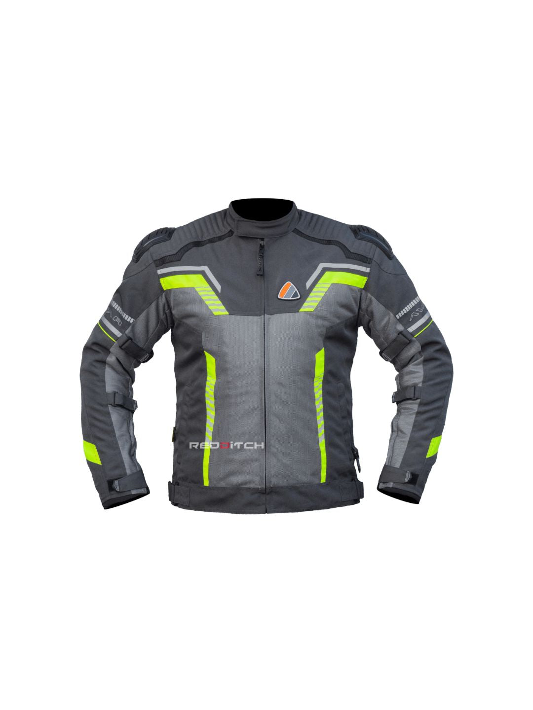 RR Gear Masculine, Avatar V.2 Jacket (Grey/Flu Green), a stylish and functional riding jacket designed for ultimate protection and comfort, featuring high-visibility accents, impact-resistant armor, and breathable fabric for enhanced performance and safety on the road.