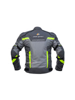 RR Gear Masculine, Avatar V.2 Jacket (Grey/Flu Green), a stylish and functional riding jacket designed for ultimate protection and comfort, featuring high-visibility accents, impact-resistant armor, and breathable fabric for enhanced performance and safety on the road.