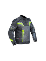 RR Gear Masculine, Avatar V.2 Jacket (Grey/Flu Green), a stylish and functional riding jacket designed for ultimate protection and comfort, featuring high-visibility accents, impact-resistant armor, and breathable fabric for enhanced performance and safety on the road.