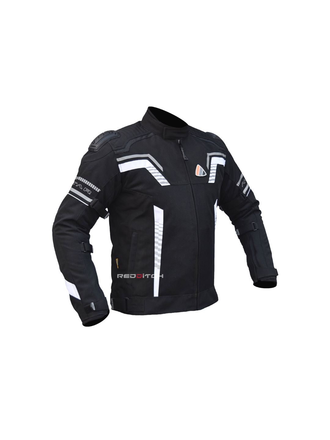 RR Gear Masculine, Avatar V.2 Jacket (Black/White), a stylish and functional riding jacket designed for ultimate protection and comfort, featuring high-visibility accents, impact-resistant armor, and breathable fabric for enhanced performance and safety on the road.