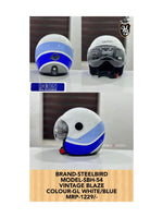 The SBH 54 Vintage Blaze helmet in Glossy White/Blue offers a sleek and stylish design with a blend of white and blue colors. This helmet combines retro aesthetics with modern safety features, providing both comfort and protection for riders. Perfect for those seeking a balance of style and functionality.