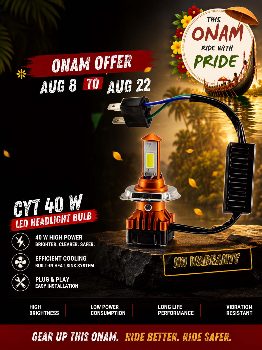 Promotional graphic for an ONAM brand 40W LED headlight bulb. The bulb, featuring a copper-colored heat sink and clear lens, is shown with its attached black wiring harness and plug against a dark tropical sunset background.