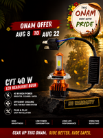 Promotional graphic for an ONAM brand 40W LED headlight bulb. The bulb, featuring a copper-colored heat sink and clear lens, is shown with its attached black wiring harness and plug against a dark tropical sunset background.