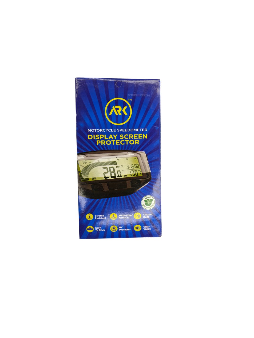 Package of motorcycle speedometer display screen protector with AR logo on a white background