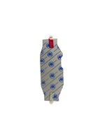 Gray sock with blue branding on a white background