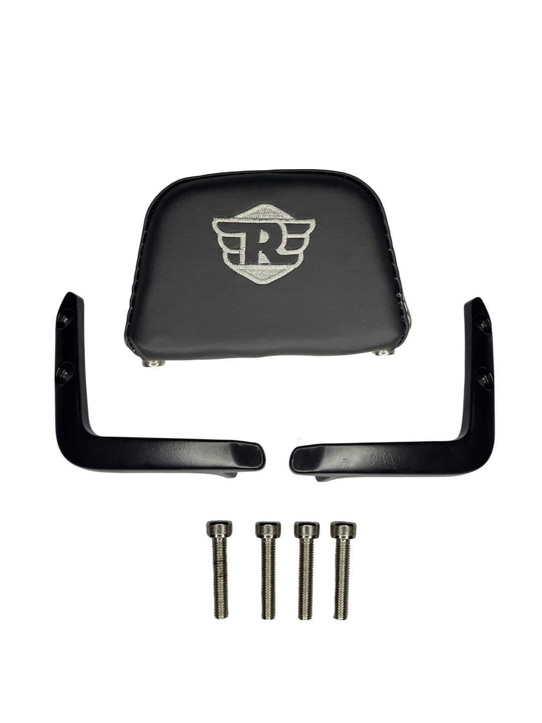 Black motorcycle seat with mounting hardware on a white background