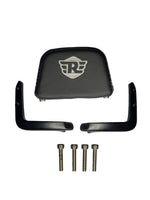 Black motorcycle seat with mounting hardware on a white background