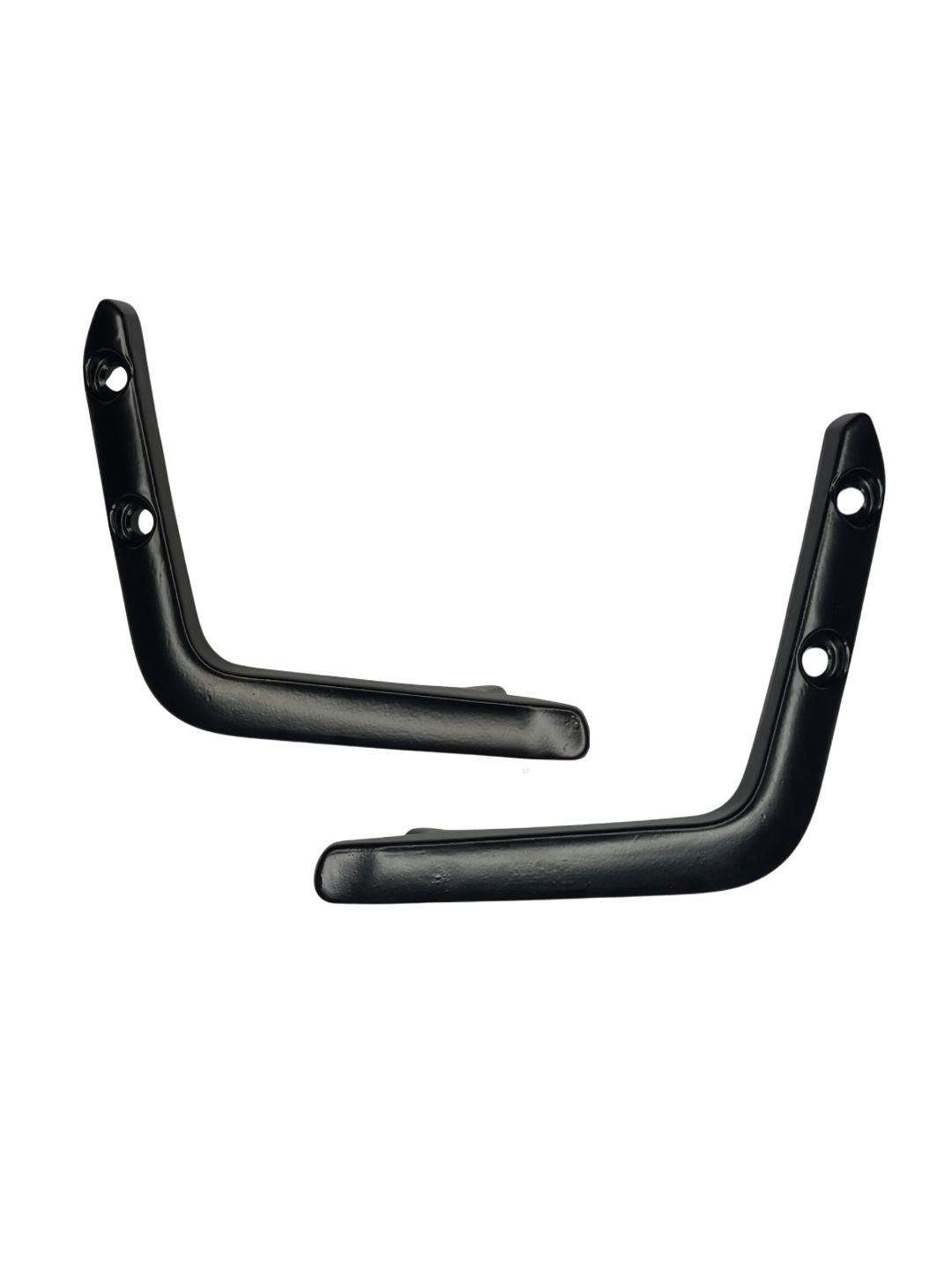 Two black metal brackets on a white background