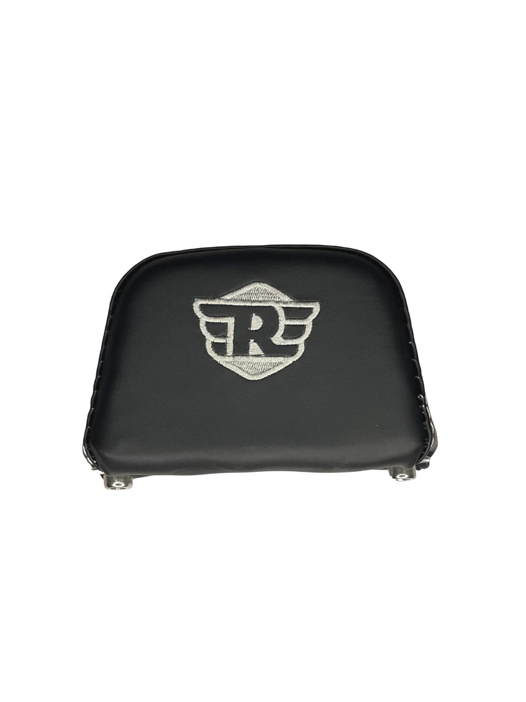 Black leather seat cover with a silver logo on a white background