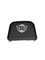 Black leather seat cover with a silver logo on a white background