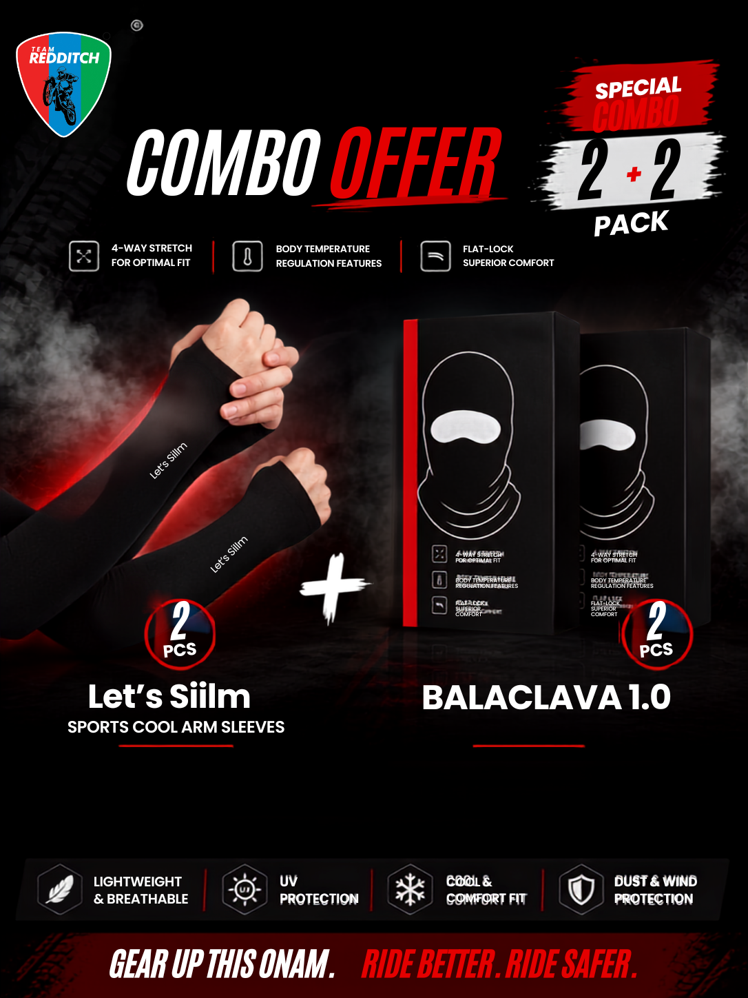 Promotional graphic for a combo offer featuring Let's Siilm sports cool arm sleeves and two boxes of Balaclava 1.0 face masks.