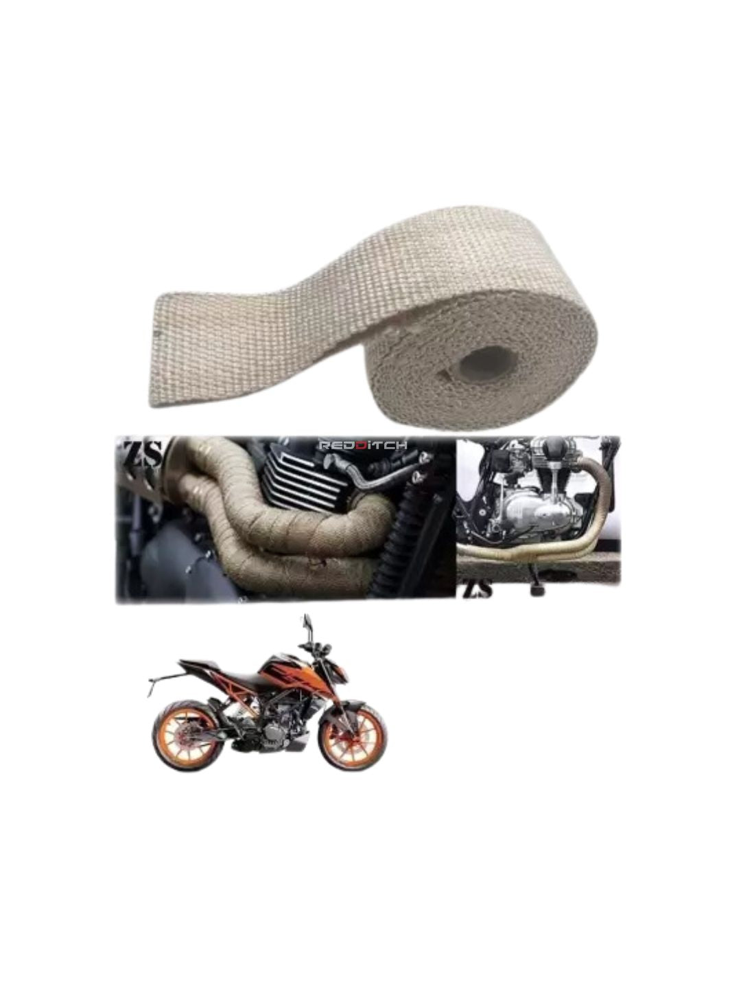 Black Exhaust Wrap, a heat-resistant accessory for motorcycle exhaust pipes, designed to minimize heat radiation, enhance performance, and provide a sleek, stylish white finish.