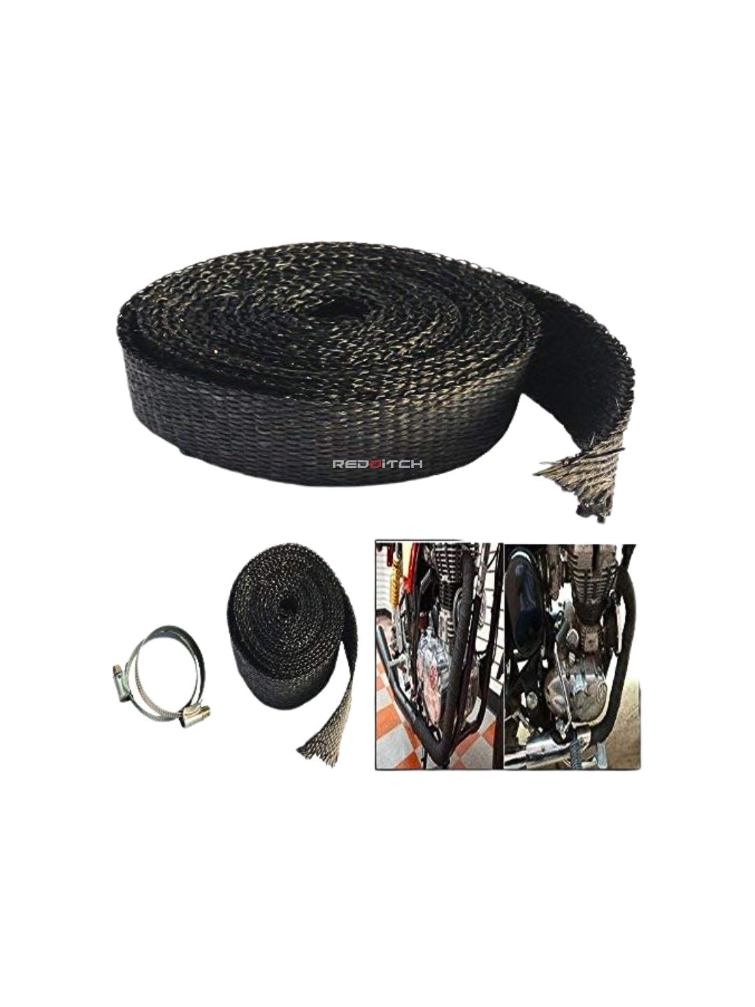 Black Exhaust Wrap, a heat-resistant accessory for motorcycle exhaust pipes, designed to minimize heat radiation, enhance performance, and provide a sleek, stylish black finish.