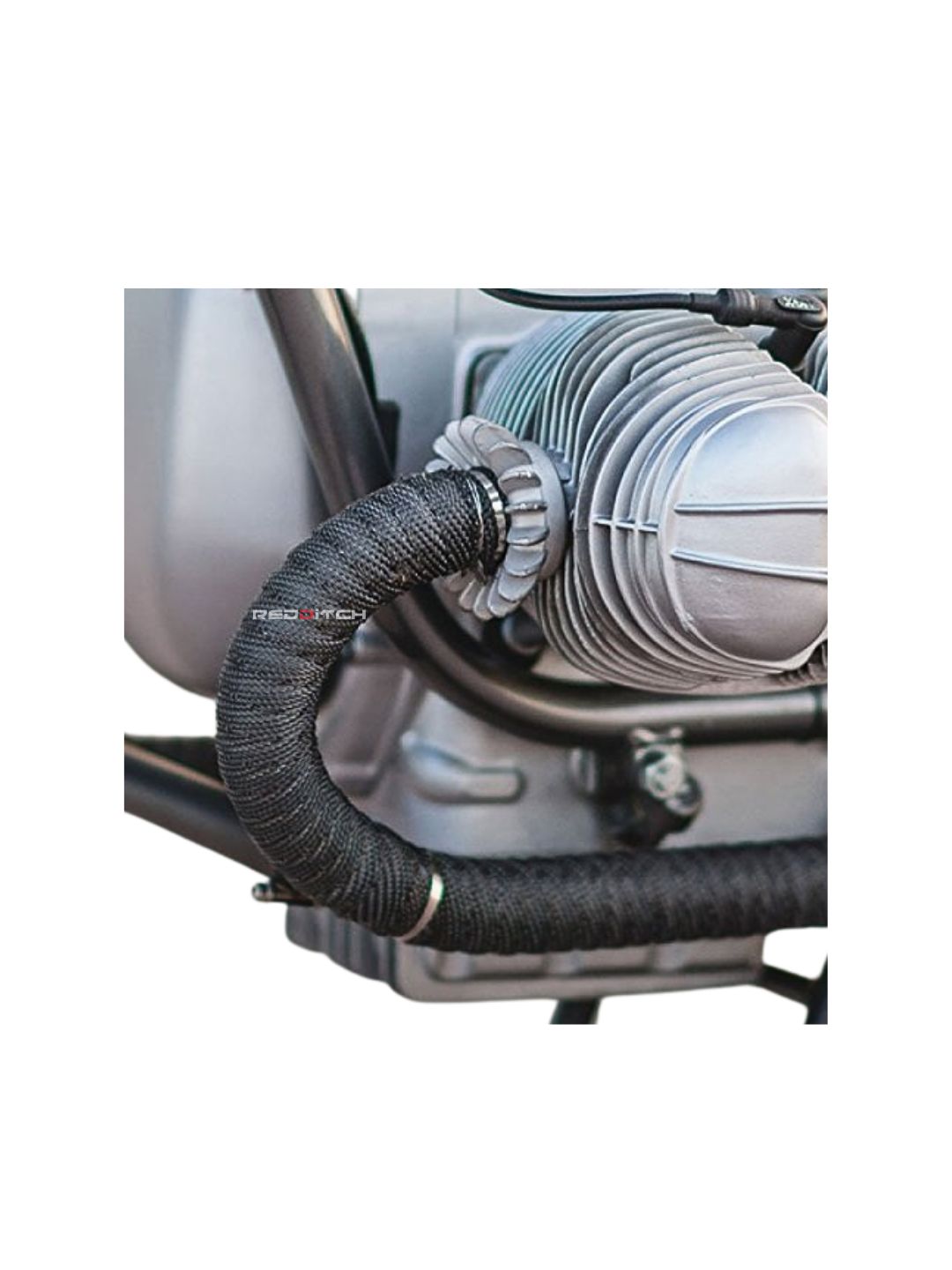 Black Exhaust Wrap, a heat-resistant accessory for motorcycle exhaust pipes, designed to minimize heat radiation, enhance performance, and provide a sleek, stylish black finish.